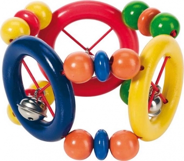 Holzgreifling mit Ringe und Glocke bunt